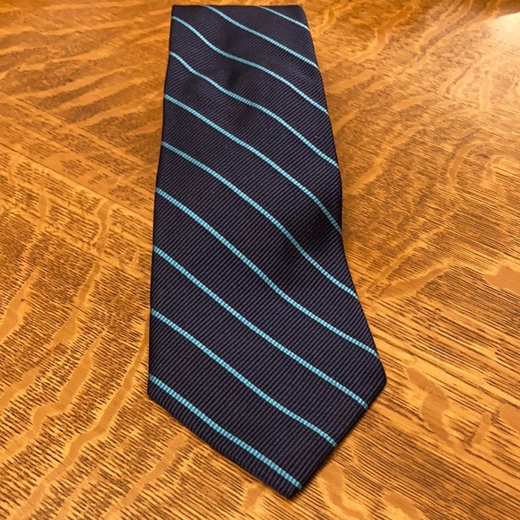 Lands’ End Navy and Aqua Striped Silk Necktie - Picture 1 of 4